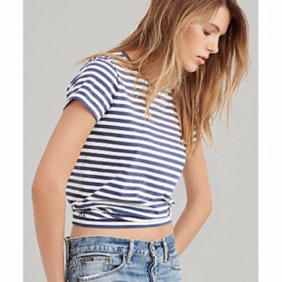RALPH LAUREN SPORT Navy Striped Crew Neck Short Sleeve Tee - Picture 2 of 8
